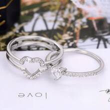 2Pcs Dazzling Women's Fashion Zirconia Heart Ring Set Wedding Band Engagement Party Birthday Anniversary Christmas Gifts For Women Girlfriend Fine Jewelry - 銀色 - 查看 7