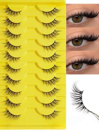 10对半眼假睫毛，自然蓬松轻盈仿貂毛假睫毛，狐狸尾延长款，适合日常妆容，可重复使用。