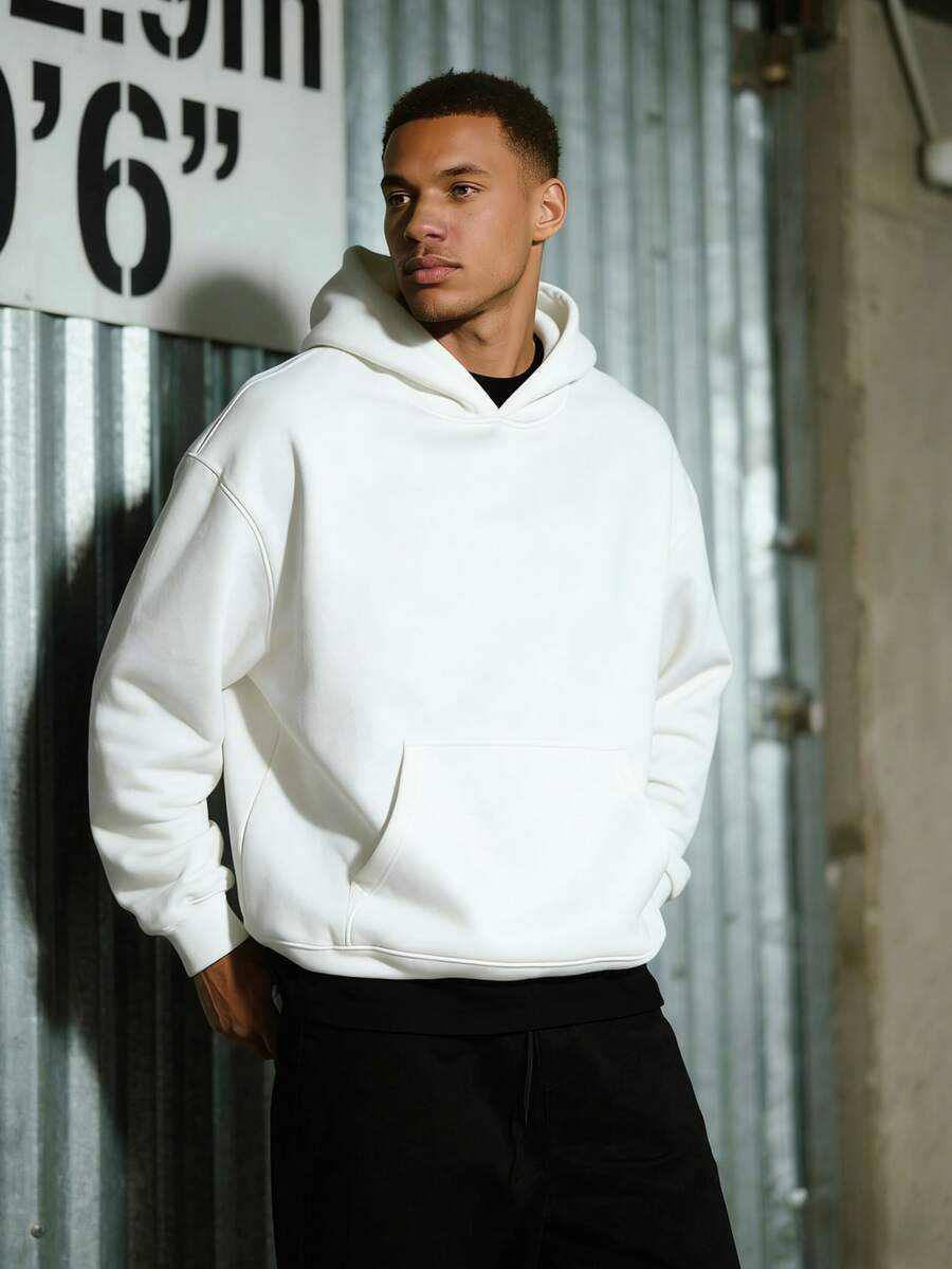 1PC Men's White Solid Color Drop Shoulder Long Sleeve Drawstring Pocket Casual Hoodie, Autumn/Winter, Suitable For Work, Daily Office Sports, And As A Gift For Husbands And Boyfriend - trắng - Xem 1