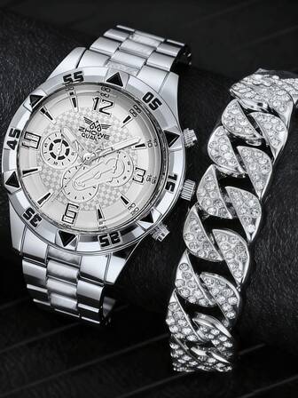 Set de 2 relojes de hombre con esfera grande en tono dorado y luz azul, correa de acero inoxidable y movimiento de cuarzo