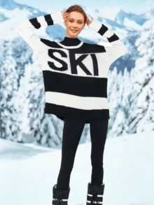 Women's 2024 Fall Winter Oversized Color Block Ski Sweaters: Cozy Crewneck Tops In S - 2XL - 黑色 - 查看 3