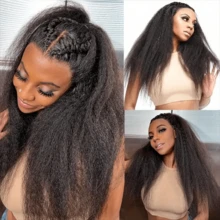 Yaki Straight Glueless Wig 5x5 Pre Cut Lace Front Wigs Human Blended Hair Put On And Go Wigs For Beginners Pre Bleached Pre Plucked Pre Everything Easy To Ready To Wear Kinky Wig 13X4 13*6 Lace Front Wigs - Natural & Black - View 3