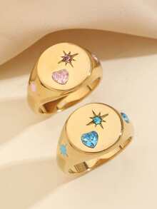 2 件套不锈钢时尚迷人金色戒指套装，镶嵌粉色和蓝色水钻，适合女性日常佩戴或送礼 - 金黃色 - 查看 4