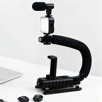 Un Kit Estabilizador De Cámara,Estabilizador de cámara, kit estabilizador portátil para cámara y teléfono móvil, con iluminación y micrófono integrados, compatible con todas las cámaras SLR y videocámaras DV de uso doméstico.