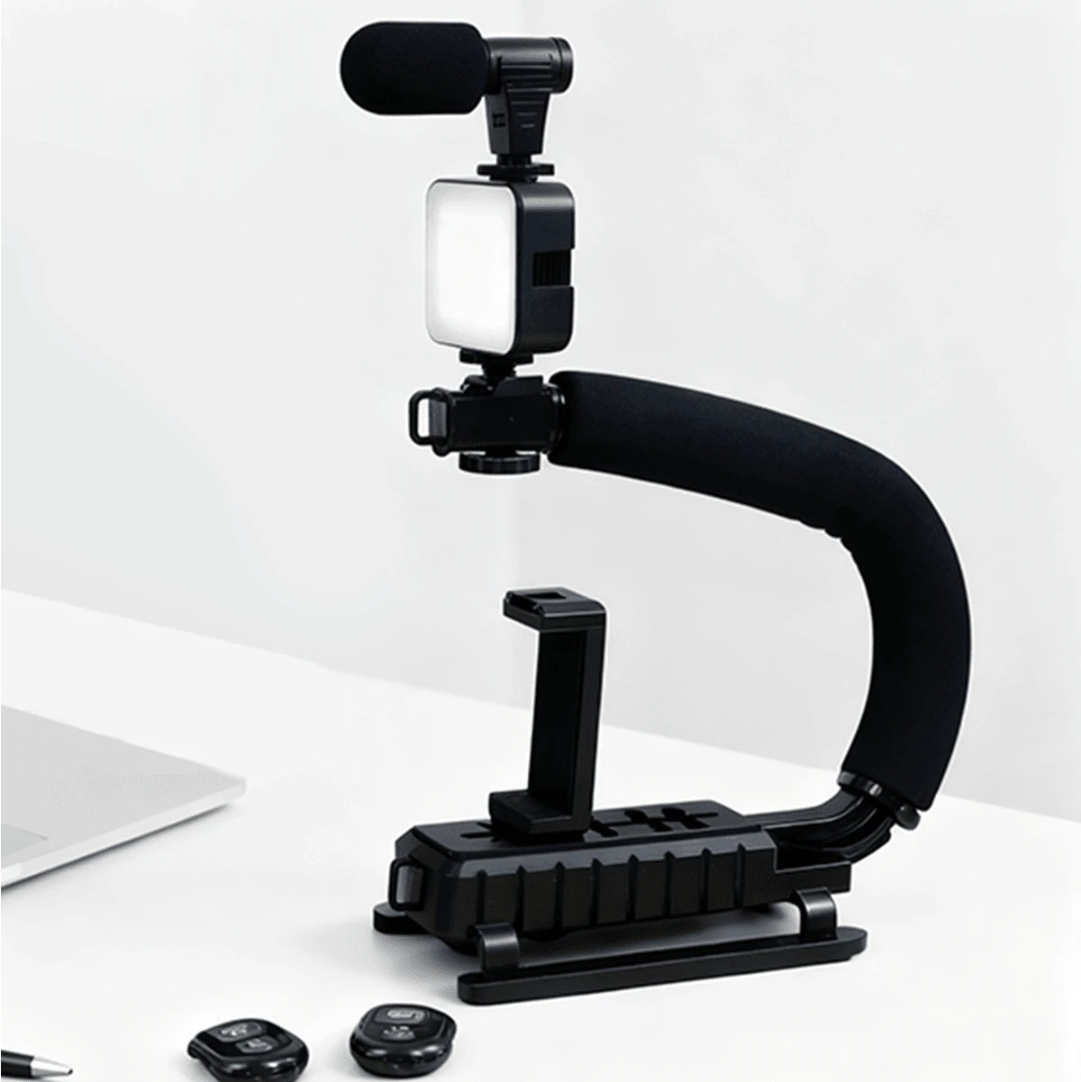 Un Kit Estabilizador De Cámara,Estabilizador de cámara, kit estabilizador portátil para cámara y teléfono móvil, con iluminación y micrófono integrados, compatible con todas las cámaras SLR y videocámaras DV de uso doméstico. - Negro - Ver 1