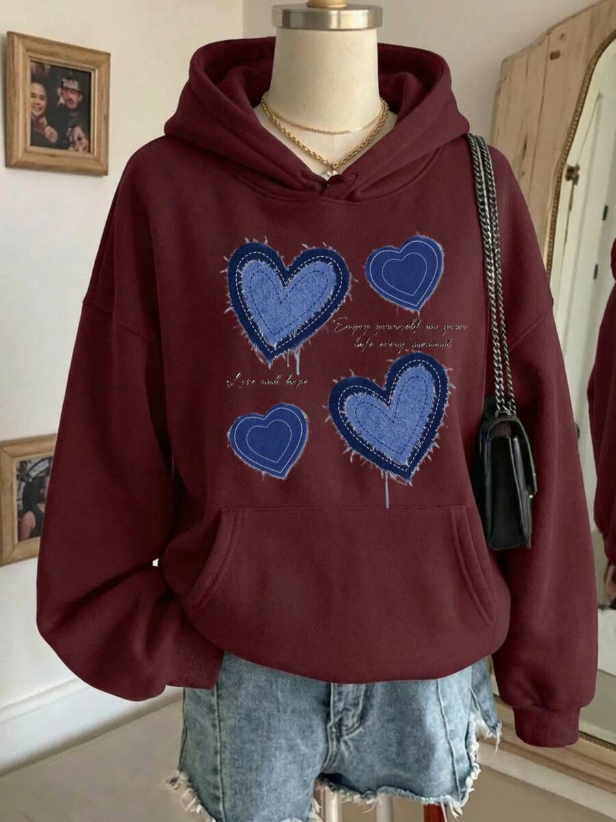Sudadera hoodie sweatshirt dama mujer gorro capucha manga larga estampado corazón tipo mezclilla ROSA otoño invierno - VINO - Ver 1