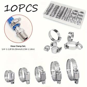 10pcs Stainless Steel Hose Clamp Kit - Easy Tightening Worm Gear, 1/4" To 1-1/8", Great For Plumbing And Automotive Projects