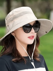 1pc Bucket Hat With Wide Brim, Breathable Holes, Windproof String For Spring/Summer - Khaki - View 2