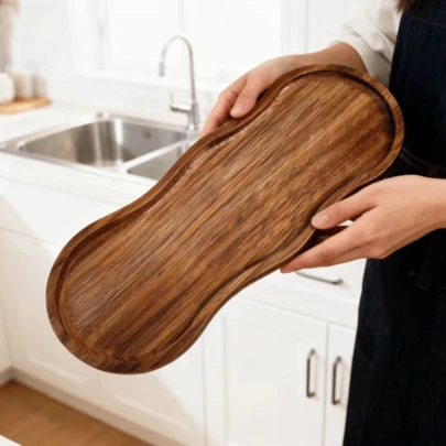 1pc Unique Oval Shaped Wooden Tray - Multipurpose Food Serving Tray, Platter, Display Tray, Decorative Tray, Coffee Table Tray, Perfect For Serving, Elegant Tableware, Decorative Plate, Handmade Tray, Dining Service Gift, Kitchen Supplies, Home Decor, All Season
