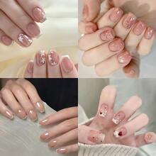 Christmas Press On Nails Short Almond - Cute Pink Fake Nails 4 Boxes 96 Pcs Set For Women, Christmas Nails & Almond Colos Nails With Jelly Glue And Nail File, Cute Simple Nail Art Designs For Daily Wear, Gift, Family Gathering, Christmas Party - Hỗn hợp 402 - Xem 1
