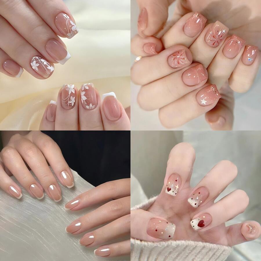 Christmas Press On Nails Short Almond - Cute Pink Fake Nails 4 Boxes 96 Pcs Set For Women, Christmas Nails & Almond Colos Nails With Jelly Glue And Nail File, Cute Simple Nail Art Designs For Daily Wear, Gift, Family Gathering, Christmas Party - Hỗn hợp 402 - Xem 1