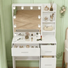 Vanity Table Set Dressing Makeup 10 LED Lighted Desk With Mirror And 4 Drawers - Perfect For Organizing Makeup, Skincare, Elegant Vanity|Decorative Vanity, Vanity Furniture, Compact For Small Space, Bedroom Decor Gift, Perfect Gift For Women Girls , Ideal Para Regalos De Navidad Y Halloween. - White - View 7