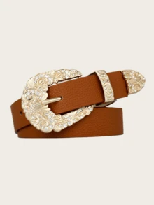 1 Piece, Crystal-Embellished Gold-Carved Buckle Waist Belt, Evening Gown Eye-Catching Textured Leather Waist Belt, Vintage Pin Buckle Exquisite Waist Belt, Refined And Fashionable Accents. - Multicolor - View 14
