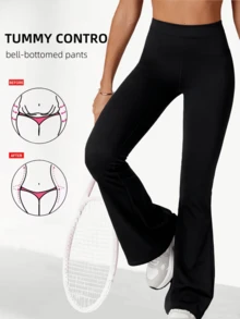 High-Waisted Yoga Leggings for Women - Flared Pants with Abdominal Control and Butt Lift with Rhinestone Details, Medium Stretch Roman Fabric for Spring/Fall Workouts and Daily Wear, Elastic Waistband, Seasonal Sportswear - Negro - Ver 8