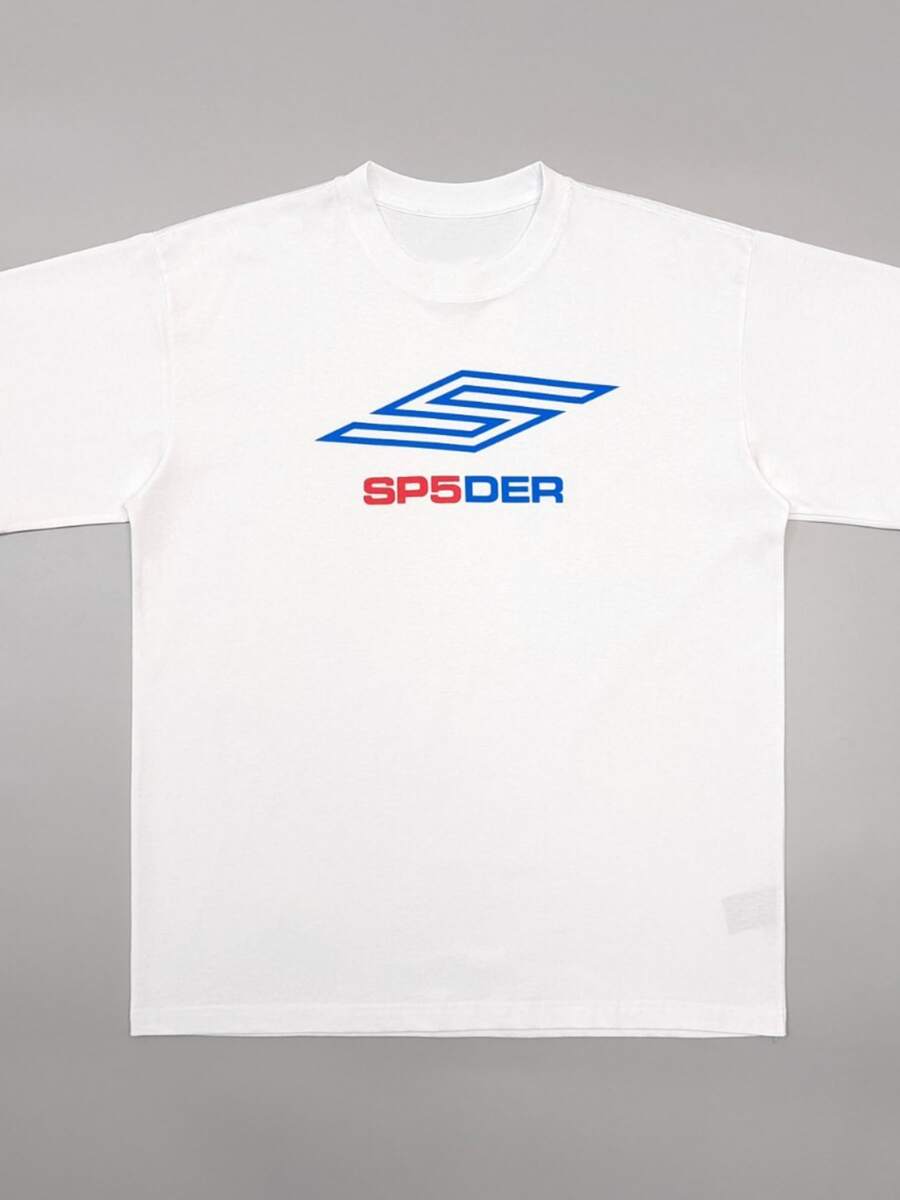 Bold Geometric S Emblem In Dynamic Blue Paired With Vivid Red SP5DER Text Symbolizing Speed Energy And Modern Street Culture Men's 100% Cotton Tshirt - trắng - Xem 1