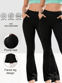 High-Waisted Yoga Leggings for Women - Flared Pants with Abdominal Control and Butt Lift with Rhinestone Details, Medium Stretch Roman Fabric for Spring/Fall Workouts and Daily Wear, Elastic Waistband, Seasonal Sportswear - Negro - Ver 4
