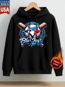 Men's Cotton Hoodie With Fleece Lined Warm Autumn Winter Sweatshirt - Blue Jays Baseball Team Logo Print With Crossed Bats And Canadian Maple Leaf Design - Cozy Casual Wear For Sports Fans Outdoor Activities And Daily Use Perfect For Fall And Winter Seasons Unisex Fit Comfortable And Durable Material - 黑色 - 查看 1