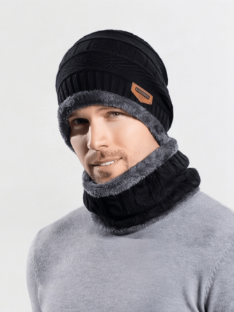 2pcs/Set Men's Knitted Beanie Hat And Scarf Set With Ear Warmer, Thermal Lined, Autumn/Winter