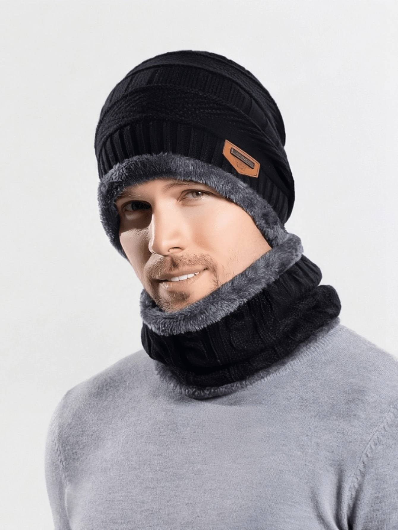 2pcs/Set Men's Knitted Beanie Hat And Scarf Set With Ear Warmer, Thermal Lined, Autumn/Winter - Multicolor - View 1