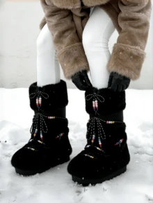 Women's Faux Fur Boots  Fuzzy Fluffy Furry Snow Boots Round Toe With Lace-Up Design Cute Warm Suitable For Christmas Halloween And Winter - 黑a - 查看 2