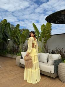 Vestido Longo em Chiffon de Mangas Longas com Decote nas Costas - Casamento Natal Madrinha Festa Madrinha Confortável Praia Verão - Ano Novo Natal Revéillon Camadas - Amarelo - Visão 3