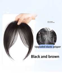 空气刘海，带鬓角，斜刘海造型，夹式接发，轻盈飘逸，逼真自然，隐形，增加发量，自然黑色，夹式接发，新手友好，易于佩戴，适合女性。