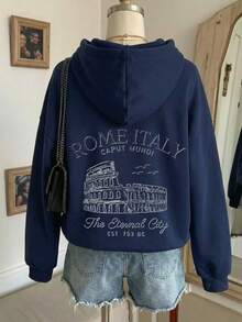 Sudadera con capucha y manga larga para mujer, elegante, con estampado gráfico de Roma, Italia, corte regular informal y cordón ajustable. - AZUL MARINO - Ver 1
