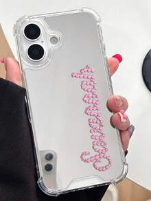 Customized Rhinestone Name Personalized Makeup Mirror Phone Case, Compatible With IPhone 17/16/15/14 Plus/13/12/11 Pro Max/17 Air, Shock-Proof Protective Back Cover - Silver - View 5