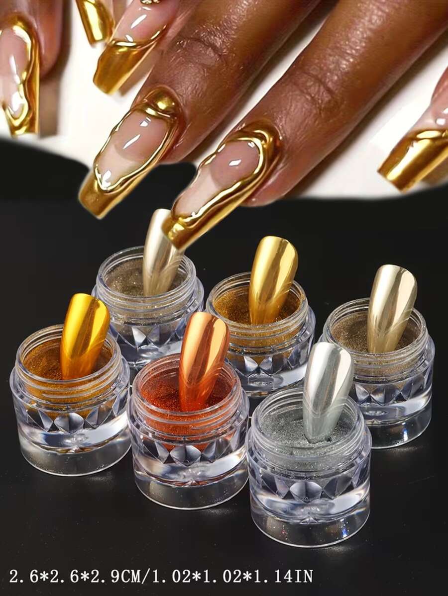 6 Colors/Set Powder, Gold, Silver, Rose Gold Super Bright Metallic Effect, Holographic Mirror Glitter Powder Set, Suitable For Nail Art Decoration - Multicolor - View 1