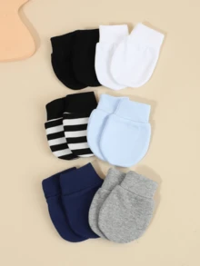 6 Pairs Newborn Anti-Scratch Mittens (0-3M) - Soft Cotton Solid & Striped Baby Gloves, Stay On Elastic Cuffs, All-Season Daily Use - Baby Boy Multi-colored - View 5