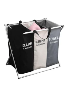1pc Large 3-Compartment Laundry Basket - Dark/White Separation, Durable Fabric Household Storage Basket With Sturdy Handles, Suitable For College Dorms And Bathrooms, Simple Design - Multicolor - View 4