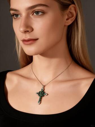 1pc Elegant Cross Pendant Necklace, Inlaid With Multi-Color Synthetic Cubic Zirconia, Gold-Tone Stainless Steel Chain Jewelry, Suitable For Women, Valentine's Day Gift And Party/Streetwear Accessories, Delicate Gemstone Inlay