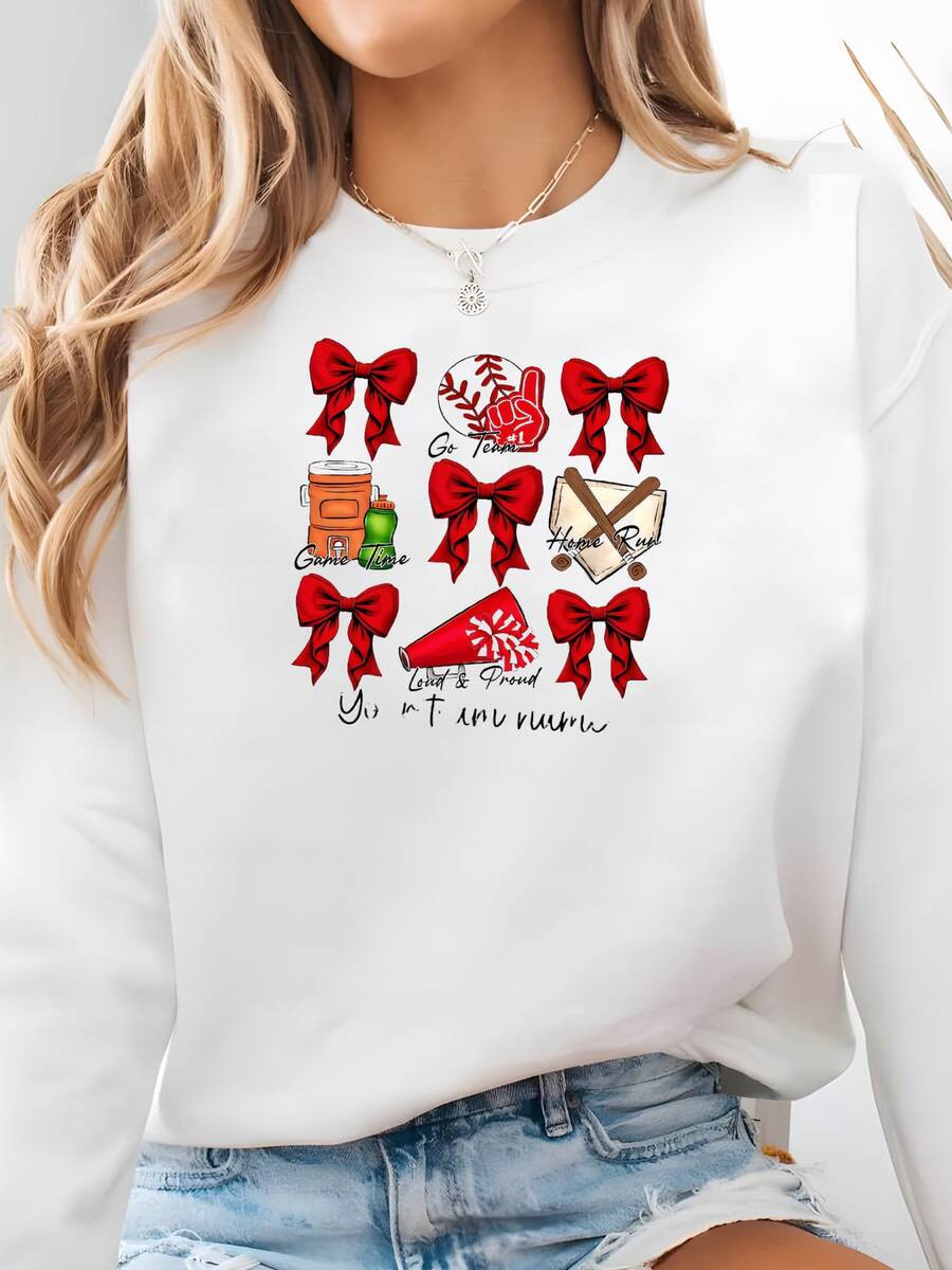 Custom Baseball Mom Sweatshirt,Baseball Cheer Mom Sweatshirt,Coquette Bow School Spirit Sweatshirt,Baseballteam Mascot Bow Sweater Game Day Sweatshirt - White - View 1