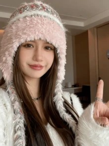 女士保暖针织帽，秋冬季保暖，条纹针织帽带抽绳，防风加厚羊毛帽带护耳，秋冬季条纹拼接羊毛帽带加厚保暖内衬，保暖护耳，大头围，贝雷帽。