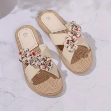 女士简约拖鞋，休闲夏季鞋，轻便沙滩条纹蝴蝶结拖鞋 - 紅白色 - 查看 10