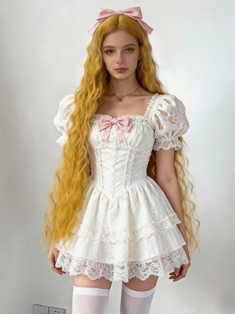 这款充满活力的阳光黄色长卷发假发，蓬松的波浪和柔软的质地，使其成为甜美洛丽塔装扮的焦点，非常适合粉彩茶会和洛丽塔时尚展。