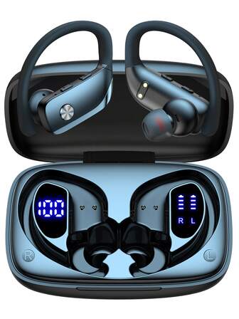 Auriculares inalámbricos T16, diseño de gancho para la oreja, estuche de carga inalámbrica, resistente al agua IPX5, batería de 48 horas de duración, control por voz, pantalla LED dual, auriculares de plástico ABS, Bluetooth 5.0, compatible con iOS y Android, adecuado para fitness, viajes, transporte y talla grande