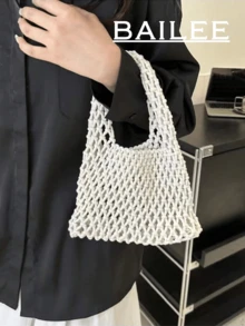 BAILEE Bolso de mano de poliéster de colores de moda con patrón tejido a mano y encanto oceánico, adecuado para vacaciones - Blanco - Ver 3