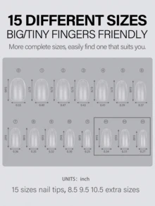 HOTWAY 450片装 - 方形、梯形、椭圆形、杏仁形 - 全磨砂亚克力假指甲片，15种尺寸可选，常用于美甲和DIY美甲产品