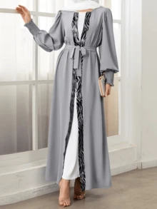 Women Caftan Gowns Fashion Zebra Print Long Lantern Sleeve Cardigan Loose Arab Robe With Belt, Elegant Dresses For Women Spring - Grey - View 1