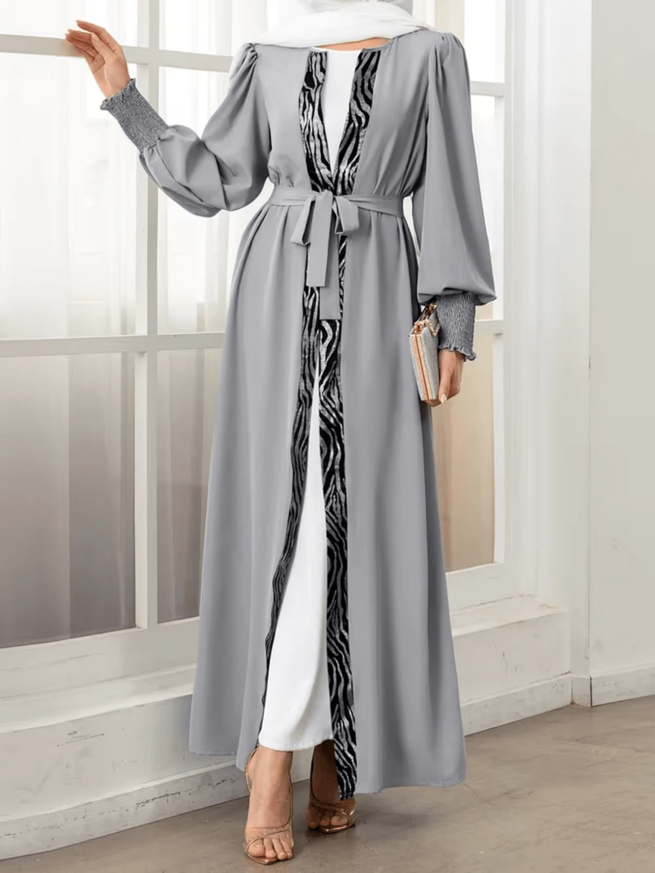 Women Caftan Gowns Fashion Zebra Print Long Lantern Sleeve Cardigan Loose Arab Robe With Belt, Elegant Dresses For Women Spring - Grey - View 1