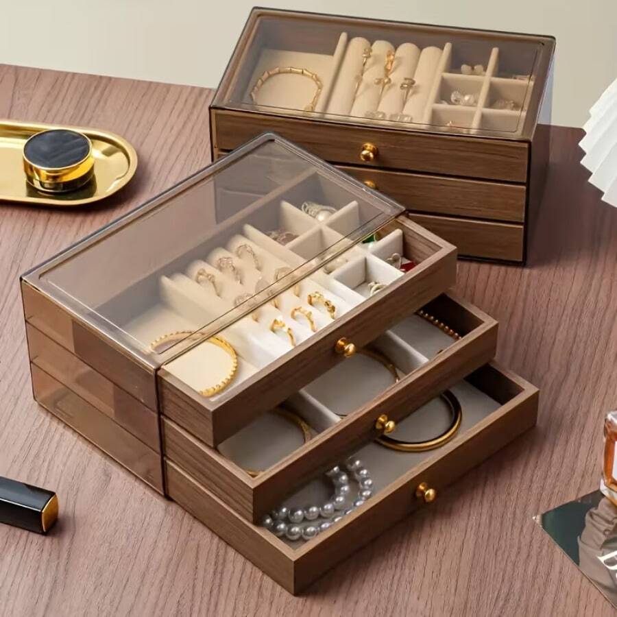 Luxury Acrylic Jewelry Box With 3 Layers, Earring And Ring Compartment, Jewelry Storage Box - 木頭 - 查看 1