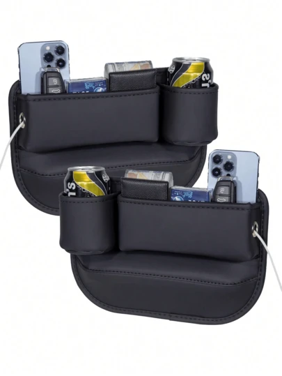 1pc Adjustable Car Seat Crevice Storage Box With Cup Holder, Genuine Leather Car Seat Gap Filler, Multi-Function Car Cup Holder Crevice Storage Bag