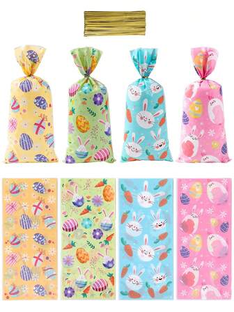 100 st. godispåsar med mönster för påskhare och ägg, presentpåsar för glad påsk, presentförpackningspåsar för påskäggjakt, presentförpackningspåsar för godis och kakor, påskfestdekorationer, påskfestgåvopåsar, påskhemdekor, påskäggjaktsfesttillbehör, påsktillbehör, påskharedekor, vårdekor, påskfesttillbehör, festfavörer, presentförpackningspåsar