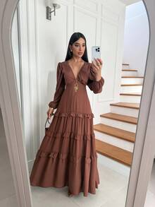 Long Chiffon Dress With Long Sleeves And Back Cutout - Wedding, Christmas, Bridesmaid, Party, Comfortable, Beach, Summer - New Year's Eve, Christmas, Layered - 鏽棕色 - 查看 4
