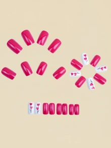 24pcs Valentine's Day Pink Heart Solid Color Nail Stickers, Press-On Nails, Nail Art Supplies - Pink - View 4
