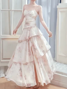 Spring Summer Elegant Floral Party Evening Dresses Women Chic Ruffle Chiffon Fairy Dress Valentine's Day Pink Clothes 2026 New Spaghetti Strap Sleeveless Beach Outfit Pink Clothes Mujers Robe - Pink - View 5
