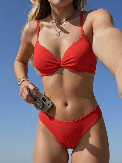 Swim Mod 女士纯色扭结性感比基尼泳衣套装，带钢圈，夏季沙滩