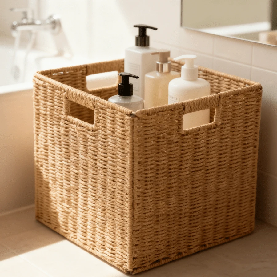 1pc Paper Rope Woven Square Storage Basket With Transparent Window And Handle, Foldable, Space-Saving, Natural Material, Suitable For Bedroom, Kitchen, Bathroom, Toy Storage, Organizer Box, Multi-Purpose Storage Box For Clothes, Blankets, Miscellaneous Items, Practical And Decorative. - Khaki - View 1