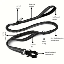 Tactical Dog Leash Heavy Duty, 4-6FT Shock Absorbing Bungee Lead With 2 Padded Handle, Metal Carabiner Clip, Car Seatbelt, Strong No Pull Leash For Medium Large X-Large Dogs, Black - Multicolor - View 6